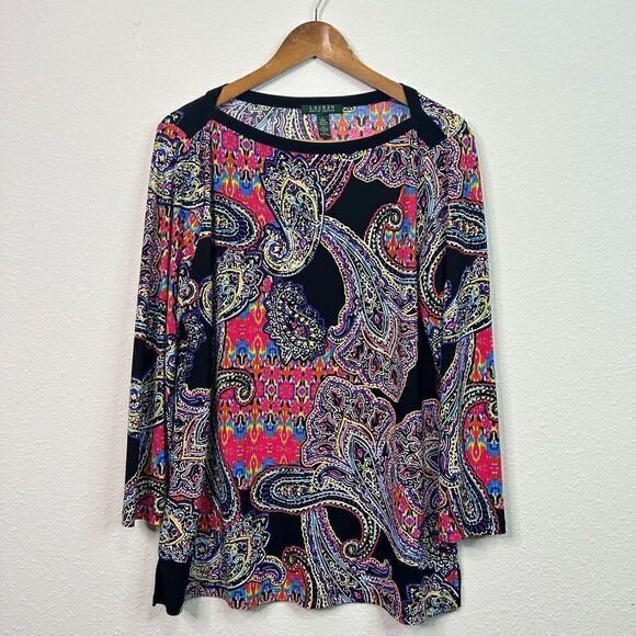 Lauren Ralph Lauren Multicolor Colorful Paisley Boat Neck Swing Top Size L - Picture 1 of 13